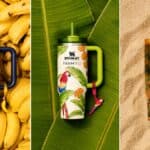 Copos térmicos Stanley x FARM Rio com estampas tropicais de fauna e flora, sobre banana, folhas e areia