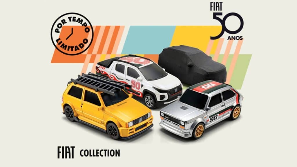 Imagem de miniaturas da Fiat Collection em comemoração aos 50 anos, com carros amarelo, branco e preto ao fundo do logo 50 anos.