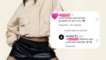 Críticas à Bershka por falta de inclusão de tamanhos Print de conversa nas redes com crítica à Bershka sobre falta de inclusão de tamanhos, com resposta da marca.