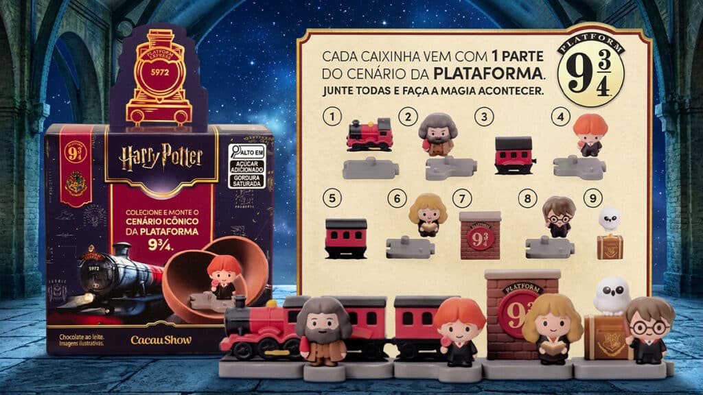 Blind box de Harry Potter da Cacau Show com personagens e miniaturas do cenário da Plataforma 9¾.