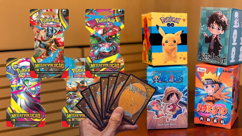 Coleção de cards e caixas de brinquedos Pokémon, Megaevolução, Harry Potter e Naruto sobre mesa, com mão segurando cartas.