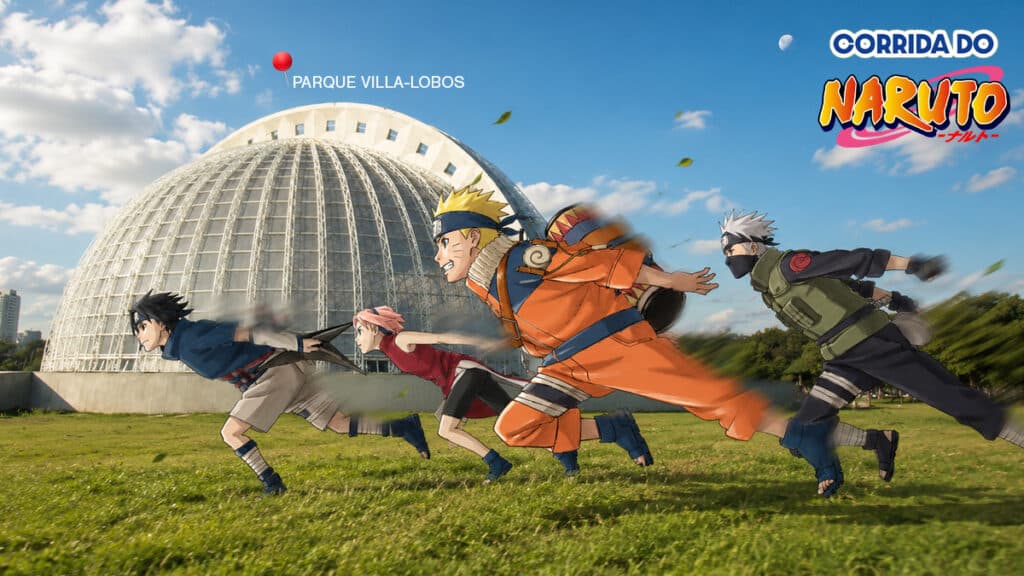 Cena da Corrida do Naruto no Parque Villa-Lobos, com personagens correndo em um gramado ao ar livre.