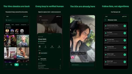 Print de telas do app Divine, com feed de vídeos em loop de seis segundos e recursos de verificação humana.