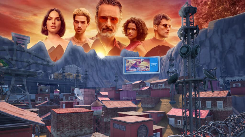 Fortnite: mapa da Corrida dos Bichos do Prime Video Imagem promocional do Fortnite com personagens e um mapa no cenário, divulgando Corrida dos Bichos do Prime Video.