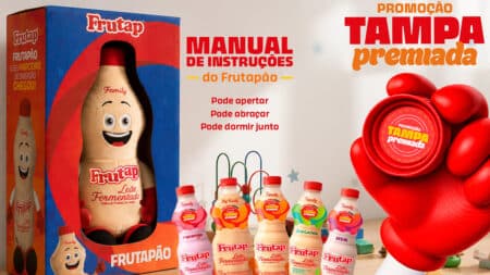 Embalagem de leite fermentado Frutapão com promoção Tampa Premiada e tampa premiada vermelha ao lado dos produtos.