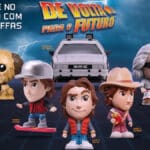 GiraSurpresas de De Volta para o Futuro com personagens estilo bonecos e nave ao fundo, campanha do Giraffas.
