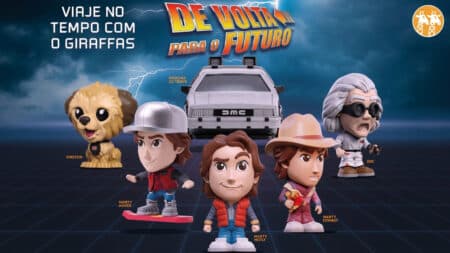 GiraSurpresas De Volta para o Futuro do Giraffas GiraSurpresas de De Volta para o Futuro com personagens estilo bonecos e nave ao fundo, campanha do Giraffas.