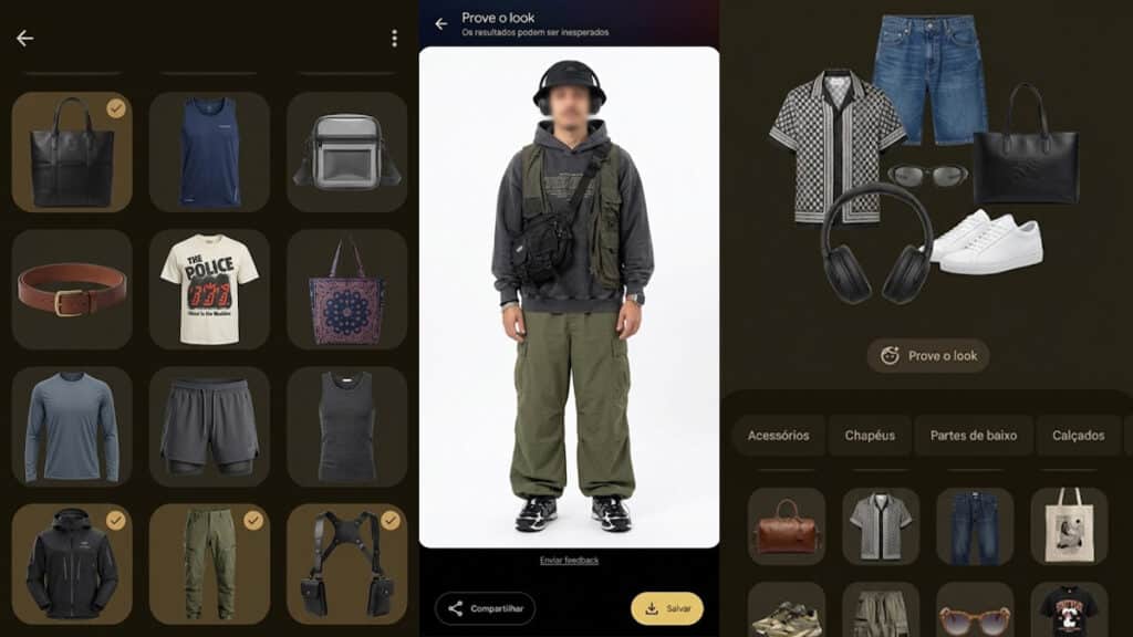 Google Photos: guarda-roupa digital com IA e looks virtuais Tela do Google Photos com IA montando looks a partir de fotos, mostrando roupas e acessórios em um guarda-roupa digital