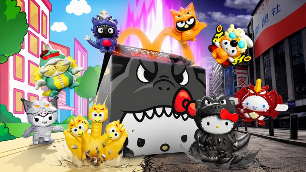 Brinquedos do McLanche Feliz com Hello Kitty em tema Godzilla, com personagens estilizados na cena
