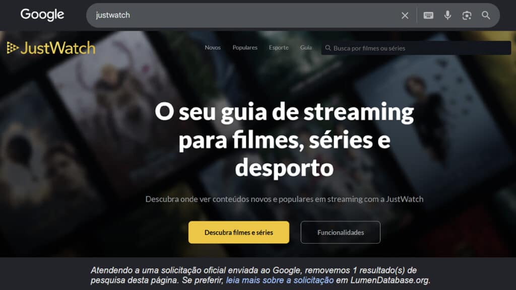 Tela do JustWatch no Google com mensagem sobre o guia de streaming para filmes, séries e desporto.