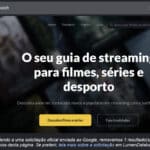 Tela do JustWatch no Google com mensagem sobre o guia de streaming para filmes, séries e desporto.