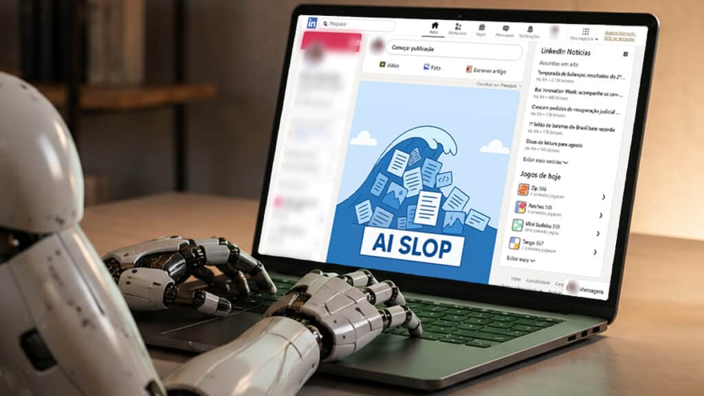 LinkedIn e conteúdo de IA: “AI SLOP” em página exibida Notebook exibindo página do LinkedIn com ilustração de IA e mensagem “AI SLOP”, ao lado de equipamentos em mesa