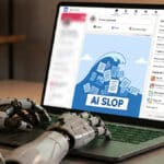 Notebook exibindo página do LinkedIn com ilustração de IA e mensagem “AI SLOP”, ao lado de equipamentos em mesa