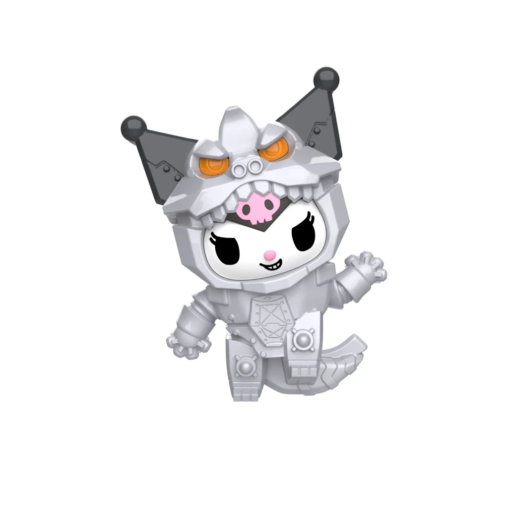 Brinquedo do McLanche Feliz com personagem Hello Kitty em versão Godzilla, acinzentada com acessórios e expressão divertida.