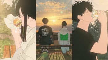 McDonald’s Japão em anime: Samurai Mac Duplo com Ovo Cena de anime com casal em encontros românticos de verão usando sanduíche estilo Samurai Mac Duplo com Ovo do McDonald's Japão.