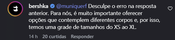 Print de resposta da Bershka nas redes sociais sobre inclusão de tamanhos, mencionando opções até o tamanho XL.