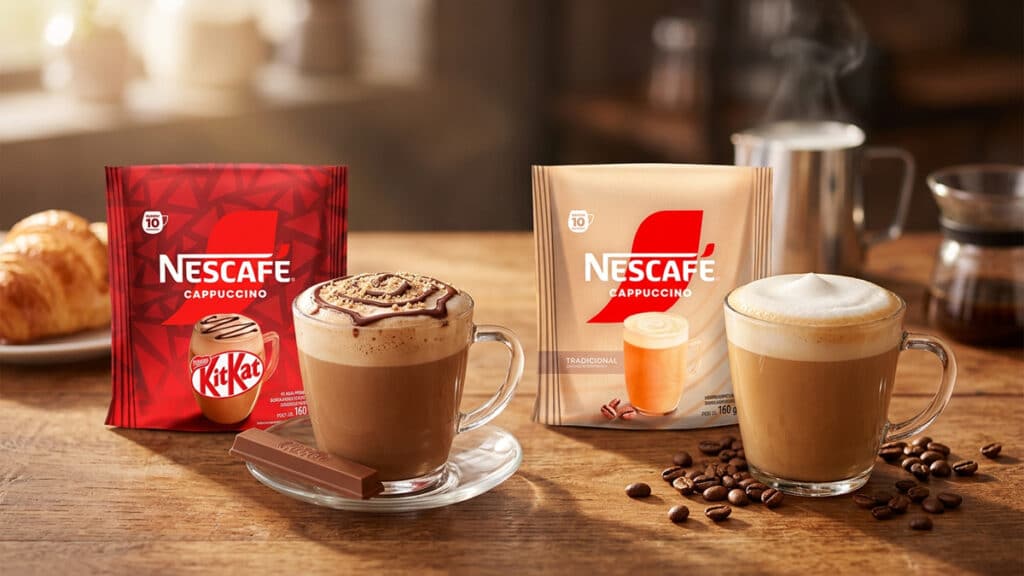 Nescafé Cappuccino Tradicional e KitKat em sachê Embalagens de Nescafé Cappuccino em sachê Tradicional e KitKat, com copos de bebida cremosa sobre a mesa