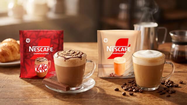 Embalagens de Nescafé Cappuccino em sachê Tradicional e KitKat, com copos de bebida cremosa sobre a mesa