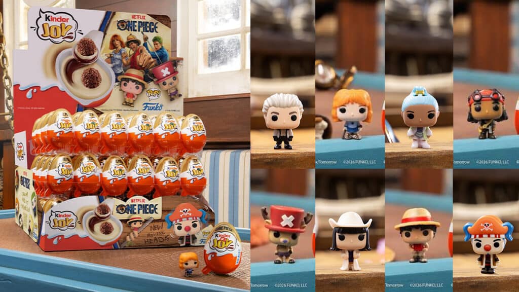 Caixa de Kinder Joy com miniaturas colecionáveis de One Piece na Europa e personagens da tripulação do Chapéu de Palha.