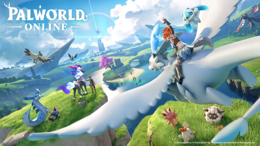 Palworld Online: imagem promocional com personagens e criaturas Imagem promocional de Palworld Online, com personagens e criaturas em um cenário aberto de aventura multiplayer