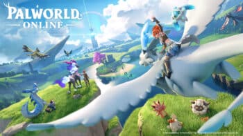 Palworld Online: imagem promocional com personagens e criaturas Imagem promocional de Palworld Online, com personagens e criaturas em um cenário aberto de aventura multiplayer