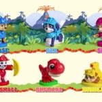 Brinquedos da Patrulha Canina em destaque, com os personagens Chase, REX, Skye, Marshall, Bhubarb e Rubble.
