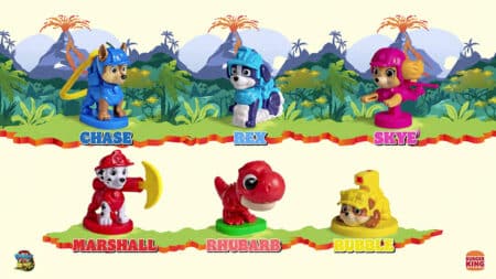 Brinquedos Patrulha Canina do Burger King inspirados no filme Uma Aventura Dino Brinquedos da Patrulha Canina em destaque, com os personagens Chase, REX, Skye, Marshall, Bhubarb e Rubble.