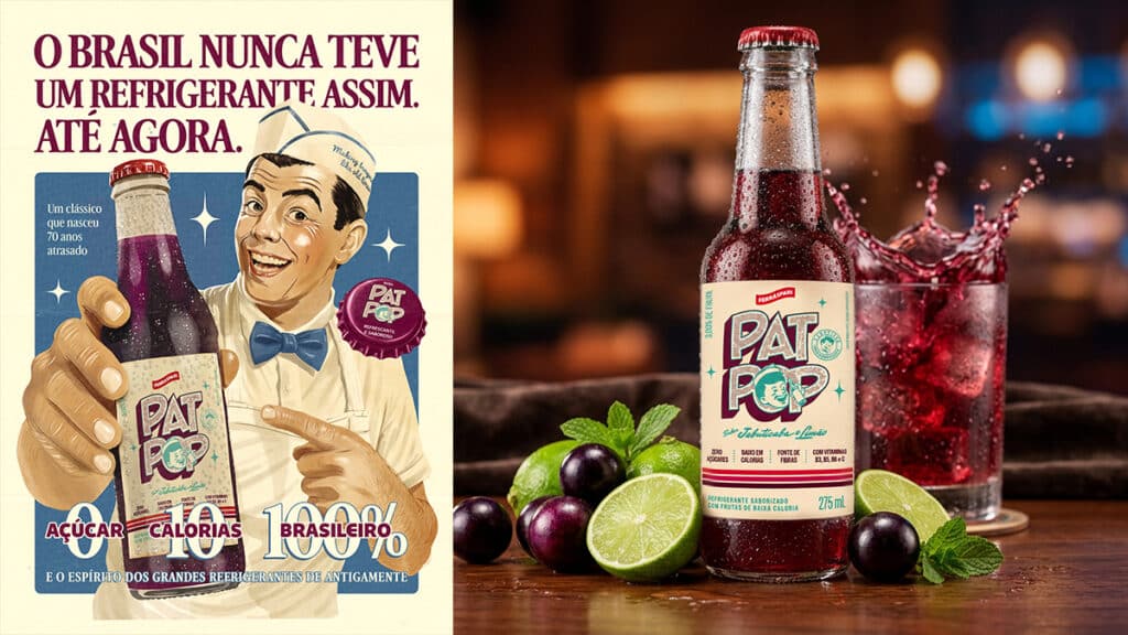 Garrafa do refrigerante zero açúcar Pat Pop com sabor de jabuticaba e limão, ao lado de frutas e taça, em mesa.