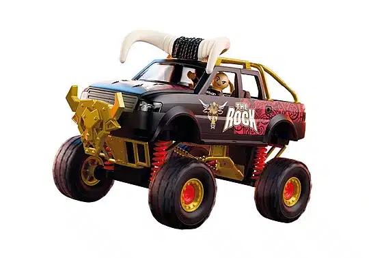 Veículo Playmobil com figura em estilo WWE wrestling, destaque para o design do carro e gráficos na lateral