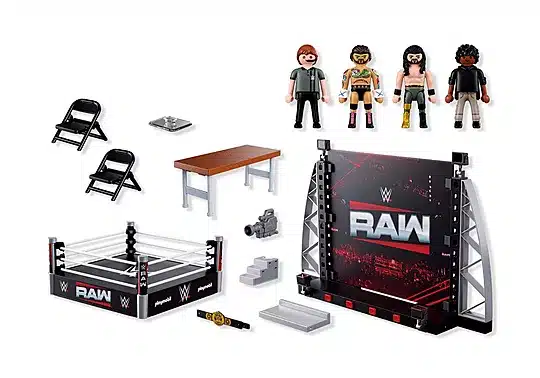 Conjunto Playmobil com ringue WWE RAW e bonecos de lutadores em embalagem de blind pack