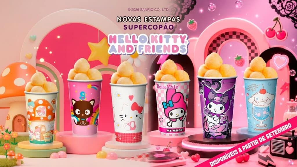 Rei do Mate: SuperCopões Hello Kitty and Friends com novas estampas Imagem promocional do Rei do Mate com SuperCopões Hello Kitty and Friends e novas estampas, com copos e texturas rosa