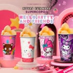 Imagem promocional do Rei do Mate com SuperCopões Hello Kitty and Friends e novas estampas, com copos e texturas rosa