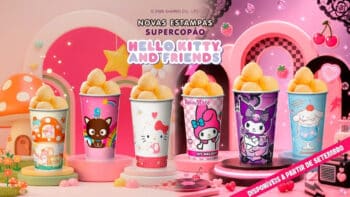 Rei do Mate: SuperCopões Hello Kitty and Friends com novas estampas Imagem promocional do Rei do Mate com SuperCopões Hello Kitty and Friends e novas estampas, com copos e texturas rosa