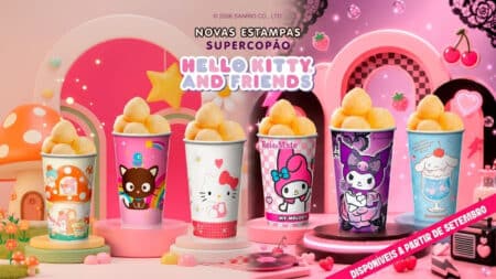 Rei do Mate: SuperCopões Hello Kitty and Friends com novas estampas Imagem promocional do Rei do Mate com SuperCopões Hello Kitty and Friends e novas estampas, com copos e texturas rosa