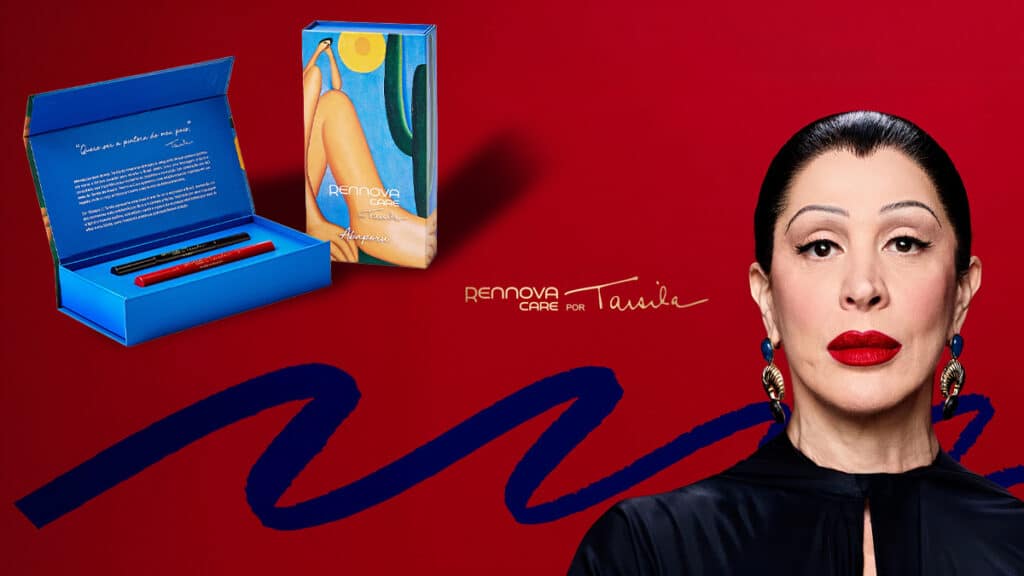 Rennova Care Tarsila: coleção inspirada em Tarsila do Amaral Rennova Care Tarsila: modelo com batom vermelho ao lado de caixas e produtos de maquiagem, com fundo vermelho e ilustração azul