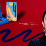 Rennova Care Tarsila: modelo com batom vermelho ao lado de caixas e produtos de maquiagem, com fundo vermelho e ilustração azul
