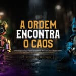 Colecionáveis Tinco Batman e Tinco Joker com acabamento metálico e design toy art, com a frase “A ordem encontra o caos”.