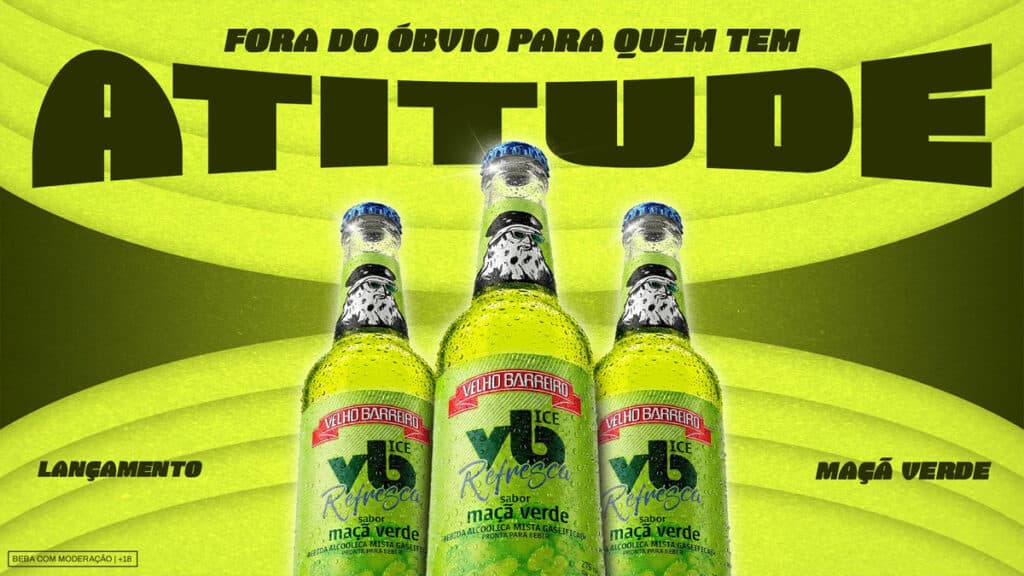Arte promocional do VB Refresca com garrafas e texto “Maçã Verde”, destacando o sabor novo da bebida RTD
