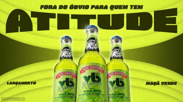 Arte promocional do VB Refresca com garrafas e texto “Maçã Verde”, destacando o sabor novo da bebida RTD