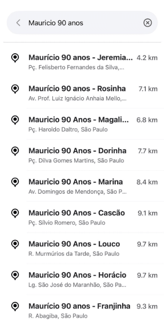 Tela do Waze com rotas para visitar estátuas de Mauricio 90 anos, incluindo opções como Jeremias e Rosinha.