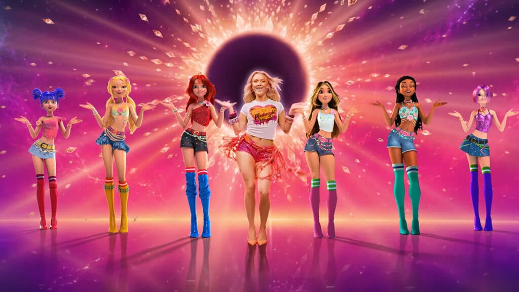Personagens estilo Winx e Zara Larsson em clipe animado, em cenário futurista com luzes e portal roxo e rosa