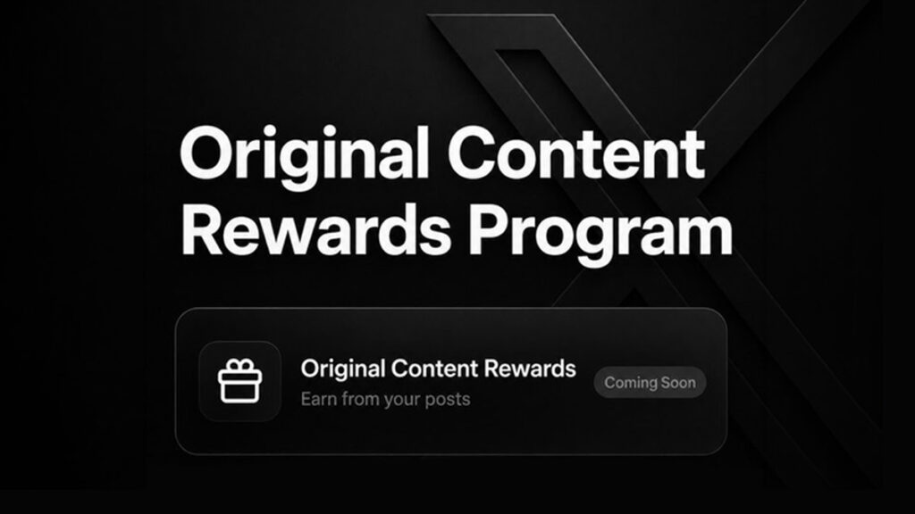 Imagem do programa Original Content Rewards Program do X, com painel “Coming Soon”.