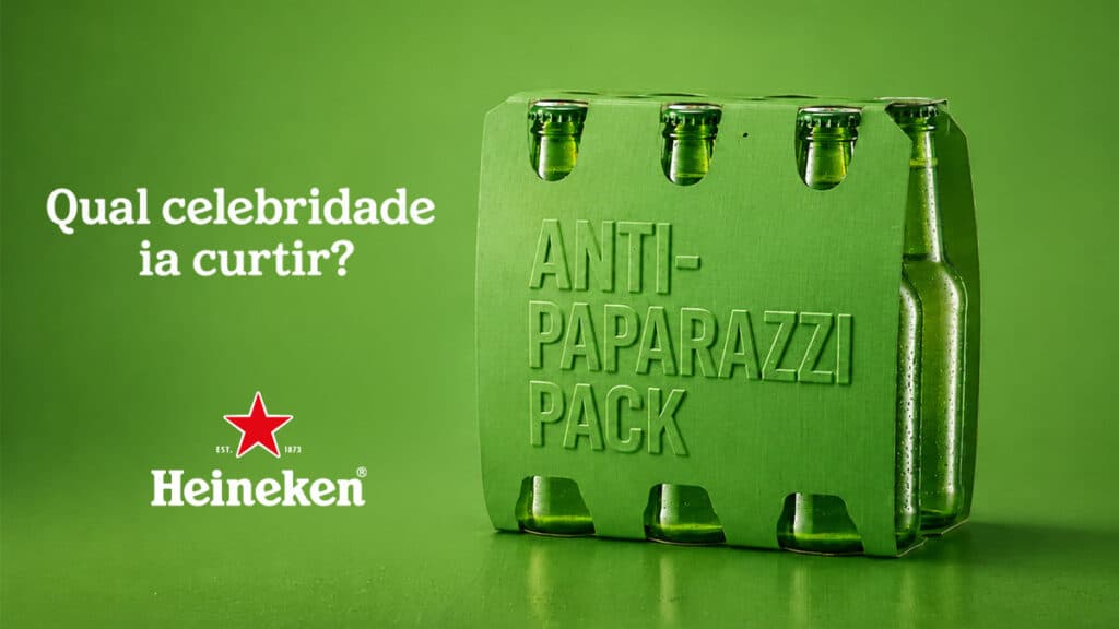 Heineken Anti-Paparazzi Pack Embalagem Heineken “Anti-Paparazzi Pack” em fundo verde, com garrafas de cerveja no cartucho.