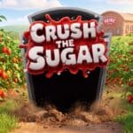 Jogo “Crush the Sugar” da Heinz, com ketchup escuro sendo esmagado em cena entre pés de tomate.