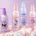 Loções corporais Mia Make com personagens Hello Kitty and Friends sobre tecido rosa e branco