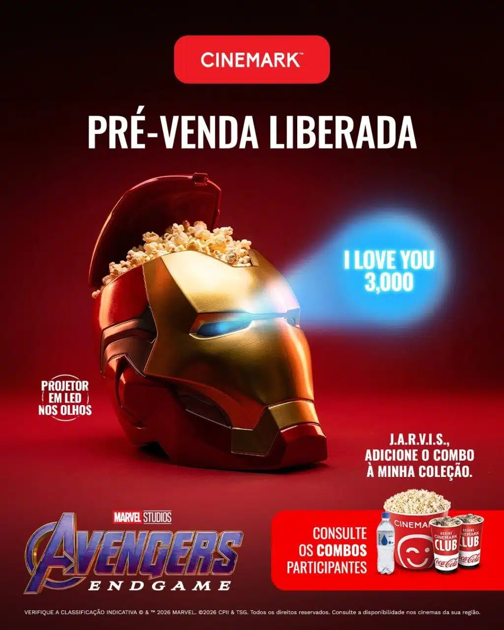 Cartaz da pré-venda Cinemark com balde de pipoca do Homem de Ferro para Vingadores Ultimato Encore
