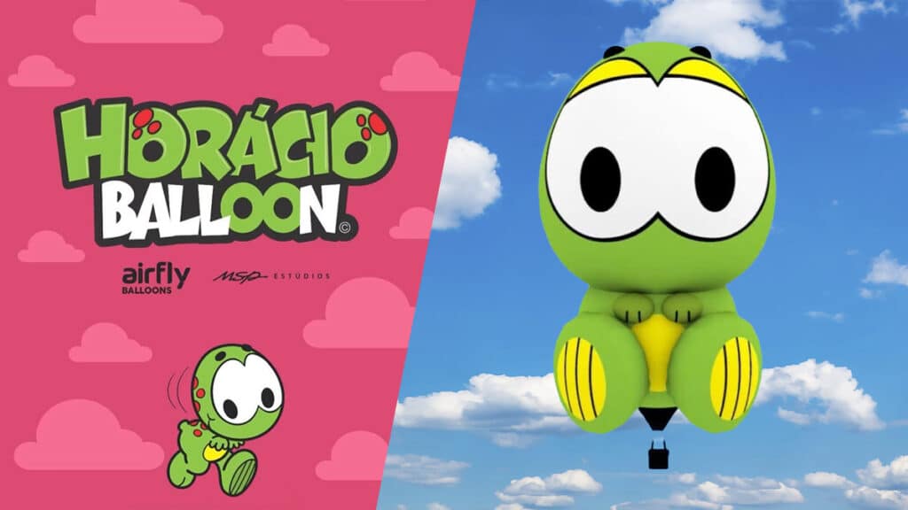 Horácio Balloon: balão de ar quente gigante do Horácio Balão de ar quente do Horácio, personagem verde com roupa amarela, em voo; lado a lado com arte promocional “Horácio Balloon”.