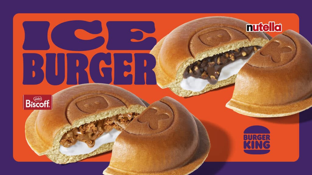 Ice Burger Burger King com Nutella e Biscoff Propaganda do Ice Burger do Burger King com recheio de Nutella e Biscoff em forma de sanduíche gelado