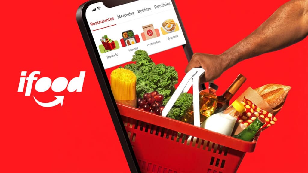 Imagem de campanha do iFood com celular e carrinho de compras, destacando alimentos e ofertas