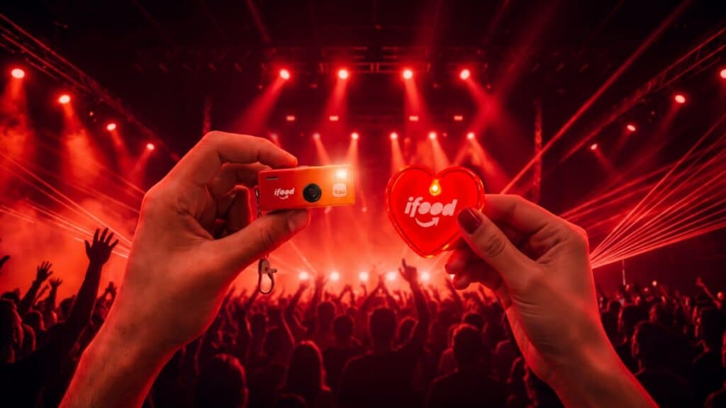 Pessoas no Rock in Rio 2026 segurando copos da marca ifood diante de um show no palco